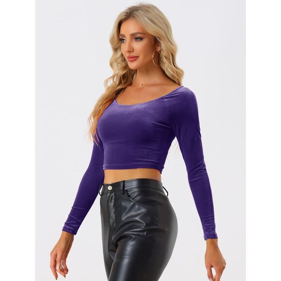 Velvet Long Sleeve Off Shoulder Solid Crop Top Dark Purple - Picture 3 of 6